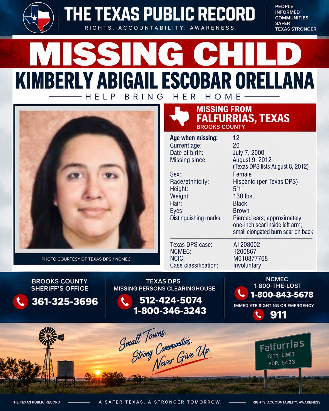Official age-progression image and verified missing-child information for Kimberly Abigail Escobar Orellana.