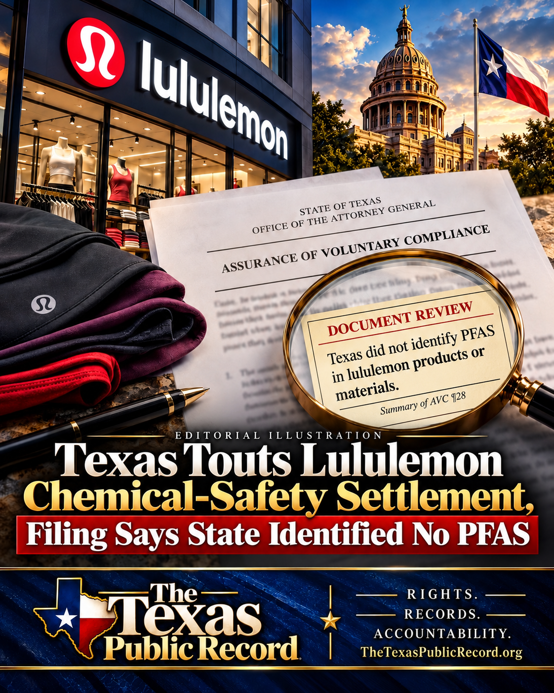 Editorial illustration comparing Texas’ Lululemon chemical-safety announcement with the filed agreement. A summary card explains that Texas did not identify PFAS through its document review; this is not a certification that all products are PFAS-free.