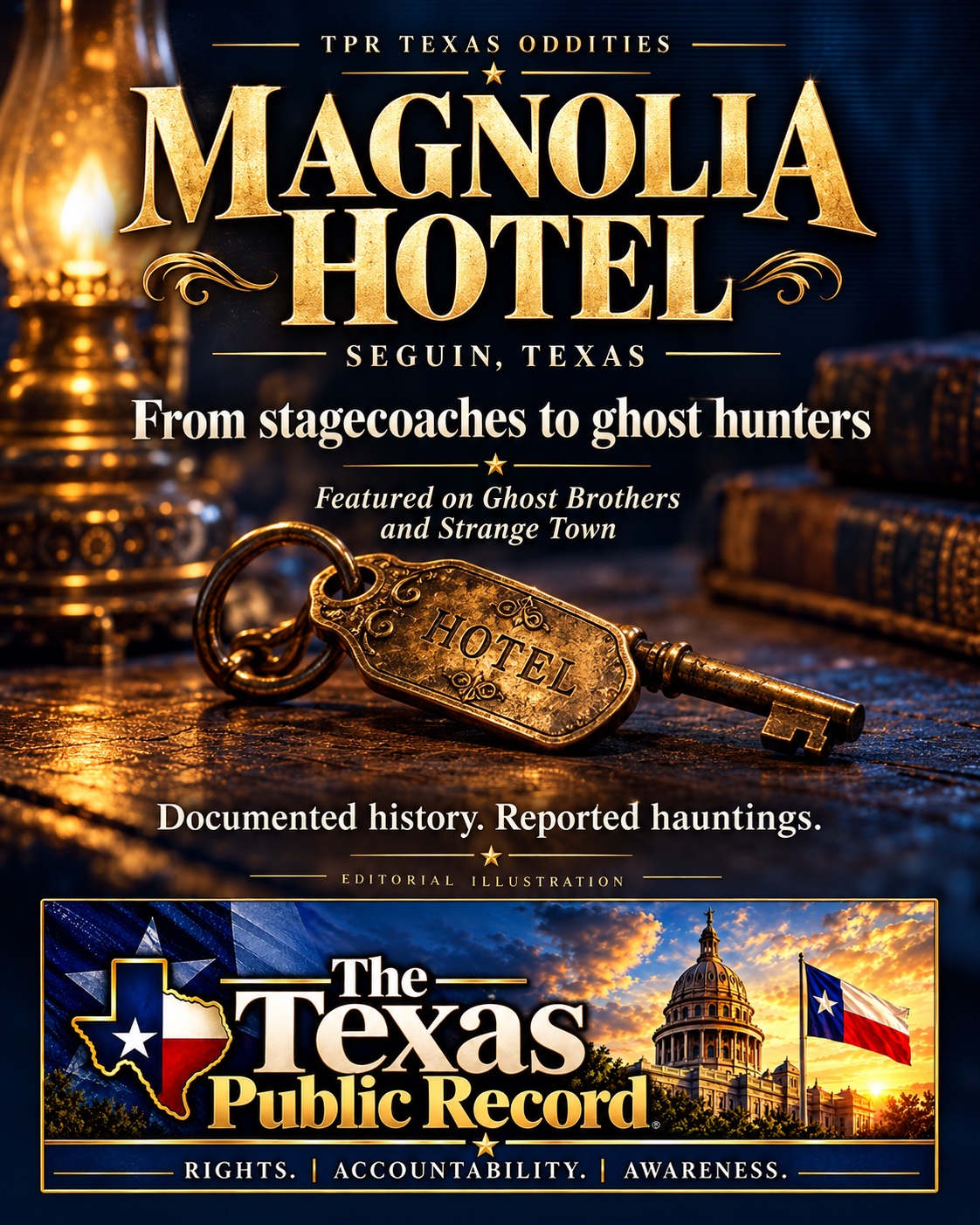 Editorial illustration of an antique hotel key and lamp, with Magnolia Hotel, Seguin, Texas, and its Ghost Brothers and Strange Town appearances identified.