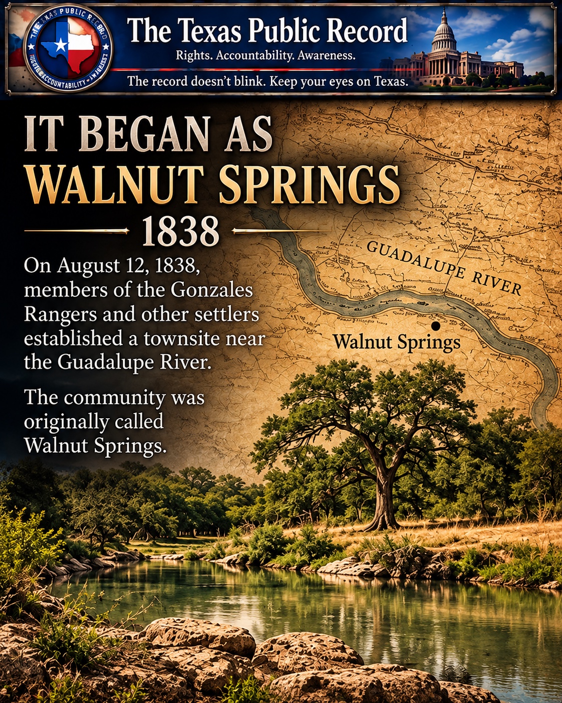 It began as Walnut Springs, 1838 — educational illustration