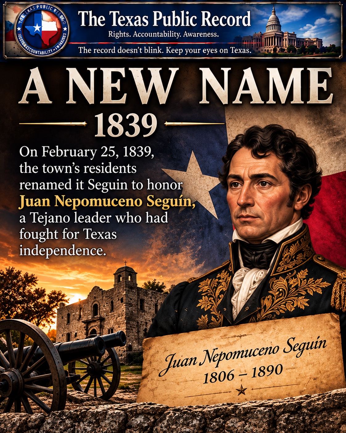 A new name, 1839: Juan Nepomuceno Seguín — educational illustration
