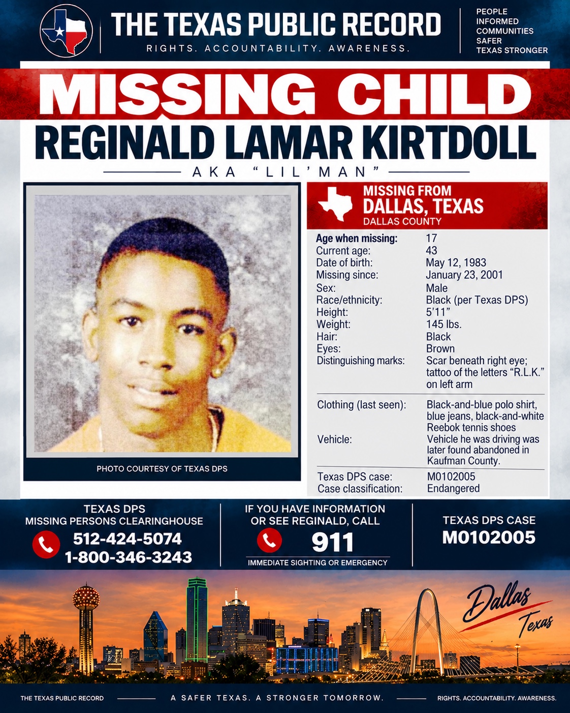 TPR awareness notice for Reginald Lamar Kirtdoll, with his official Texas DPS photograph and identifying details.