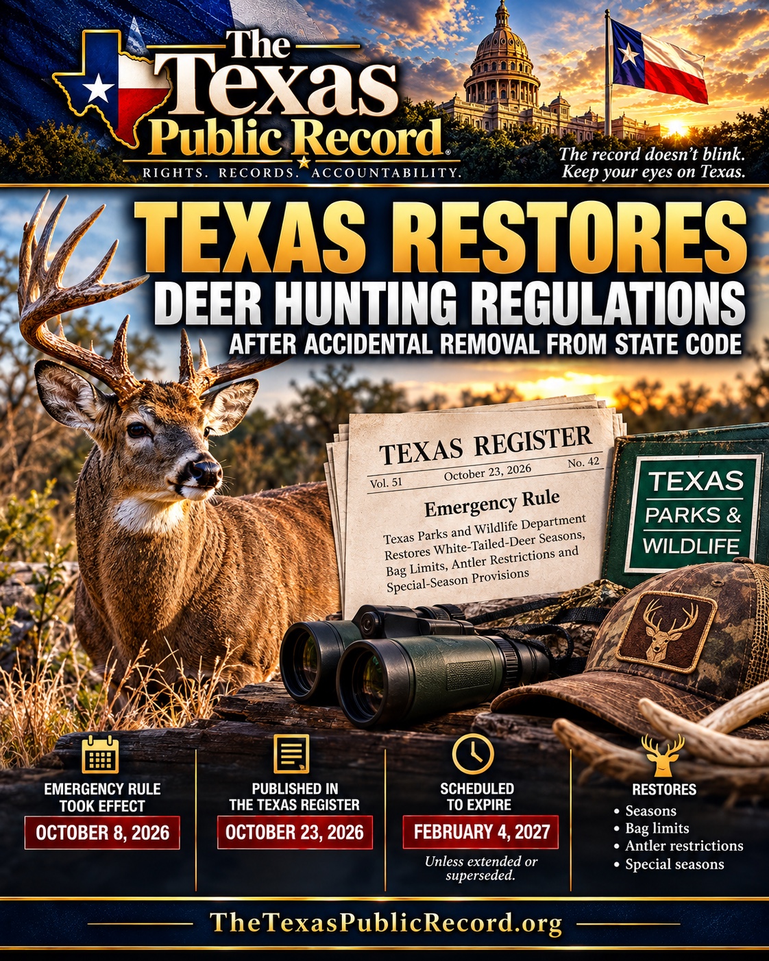 Texas Public Record illustration: Texas restores deer hunting regulations after accidental removal from state code; emergency rule effective October 8, 2026, published October 23, scheduled to expire February 4, 2027, unless extended or superseded.