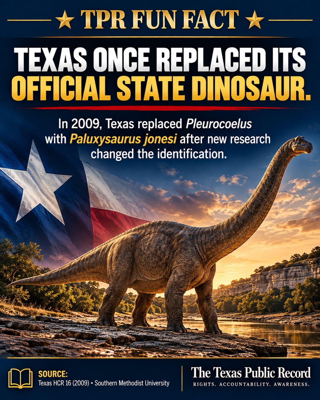 TPR Fun Fact: Texas replaced Pleurocoelus with Paluxysaurus jonesi as its official dinosaur in 2009. Stylized sauropod illustration.