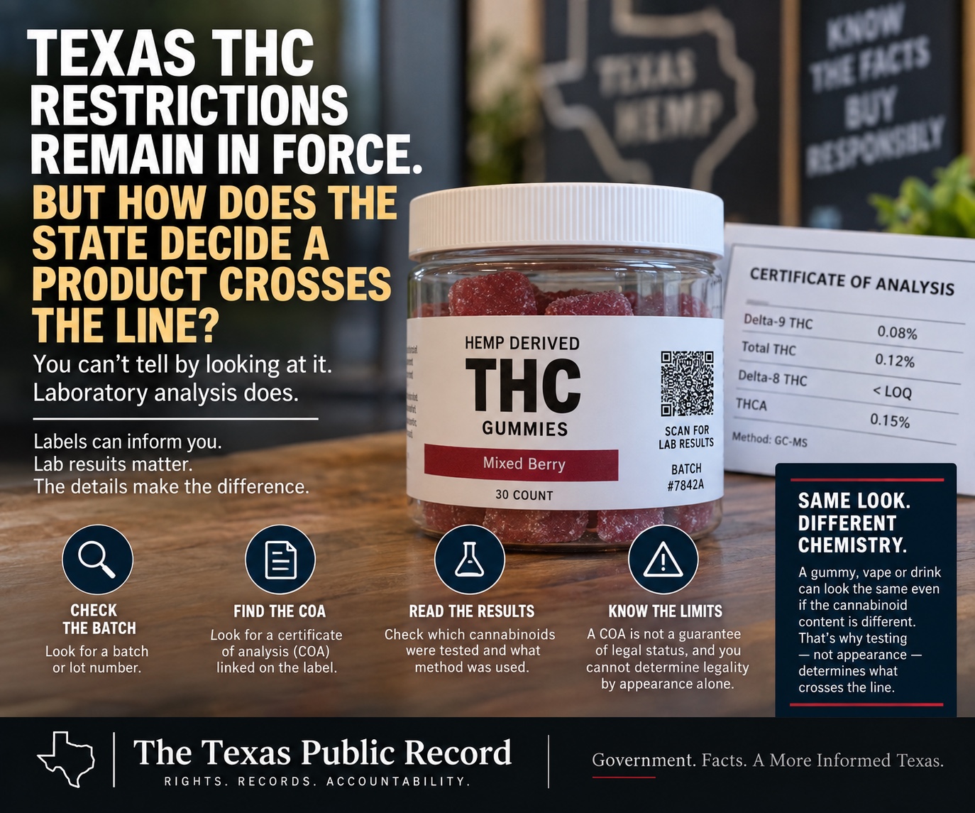 TPR graphic showing a hemp-derived THC gummy container, a certificate of analysis, and four consumer checks: verify the batch, find the COA, read the results and understand the limits.