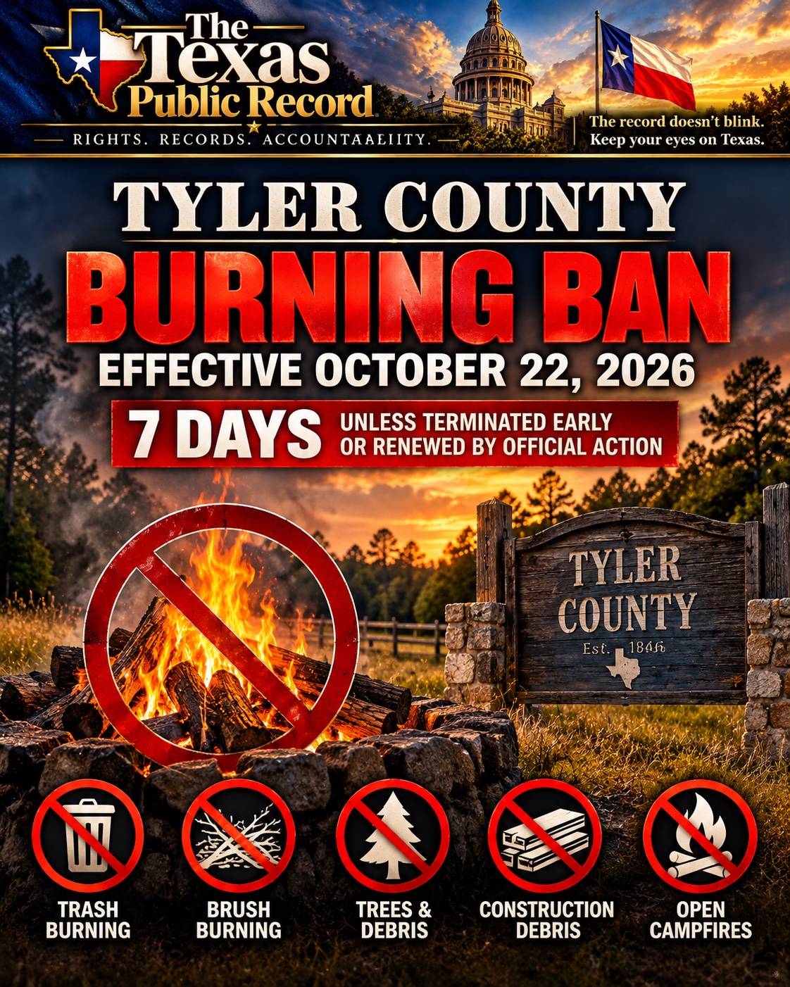 Tyler County outdoor burning ban effective October 22, 2026, with an initial seven-day declaration. Trash, brush, trees, debris and open campfires restricted. Exceptions and current-status checks are explained in the article.